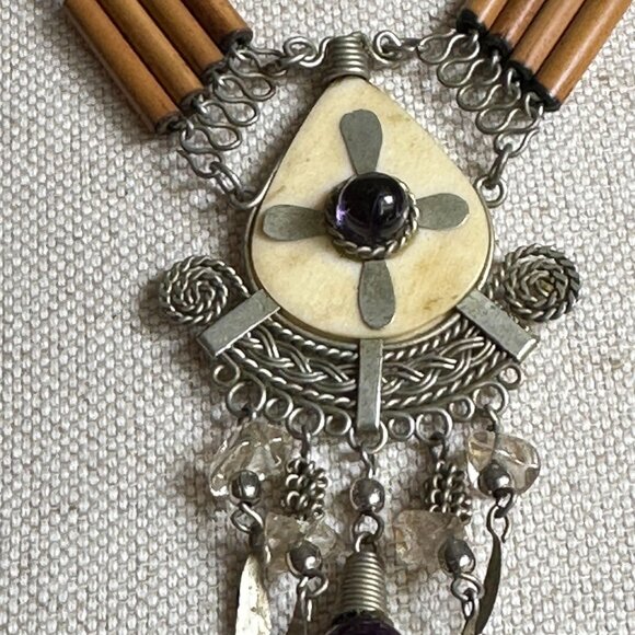 Peruvian Bamboo Necklace With Amethyst Dangle Pendant & Handcrafted - Picture 6 of 10